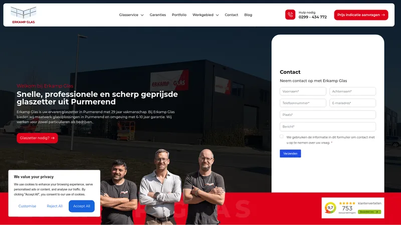 Website van Erkamp Glas