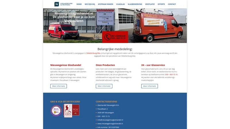 Website van Glashandel Nieuwegein BV