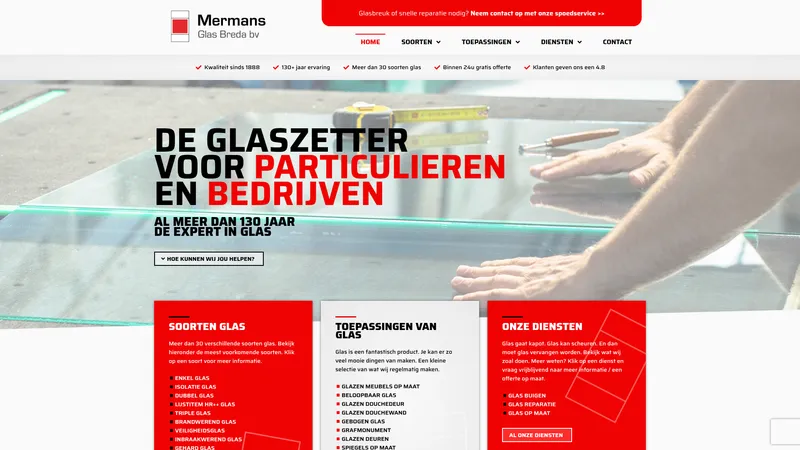 Website van Mermans Glas Breda B.V.