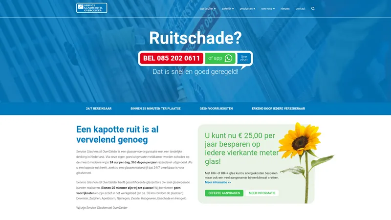 Website van Service Glasherstel OverGelder B.V. Nijmegen
