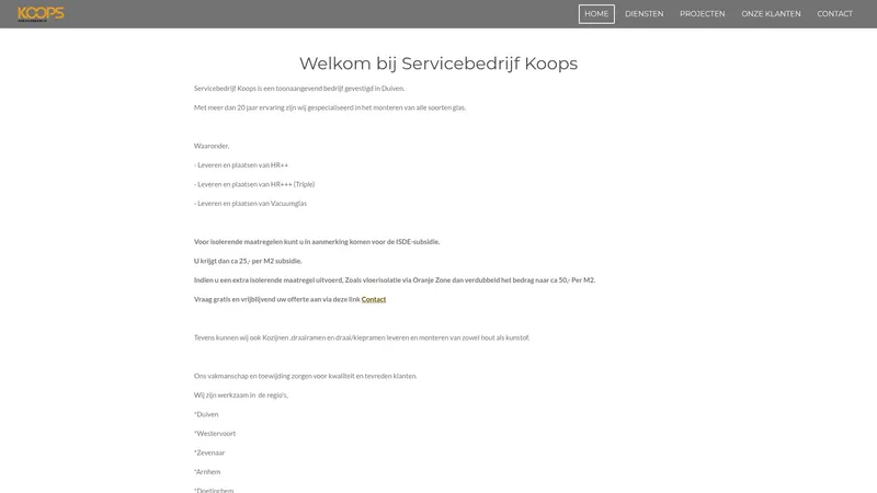 Website van Servicebedrijf Koops | glaszetter